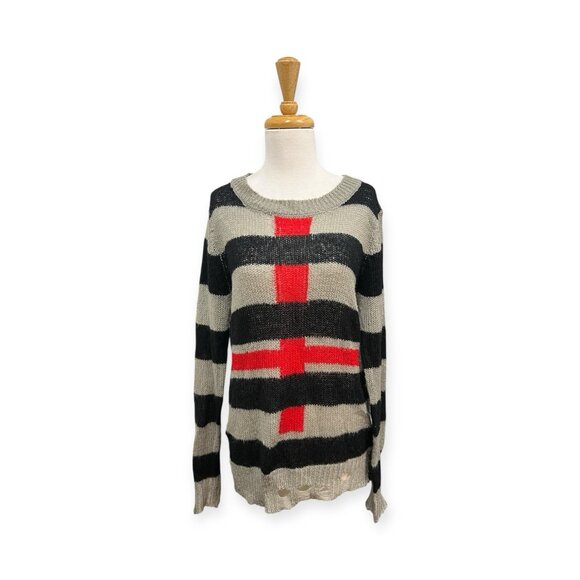 UNIF Gray and Black Striped Knit Sweater Size S Small Red Cross - Picture 1 of 8
